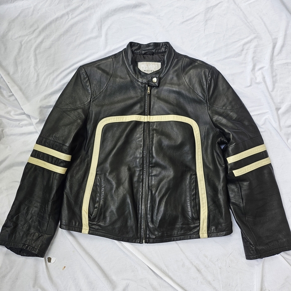 Wilsons Leather Black Jacket with Cream Stripes Vintage Womens Size Large Rare